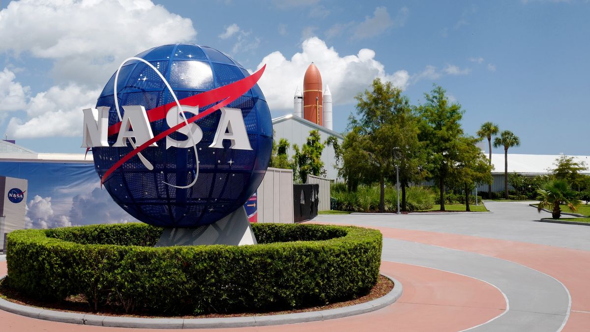 MERRITT ISLAND, FLORIDA - AUGUST 11: The NASA Globe sign at Kennedy Space Center Visitor Complex on a sunny day on August 11, 2023 in Merritt Island, Florida. (Photo by Dominik Bindl/Getty Images)