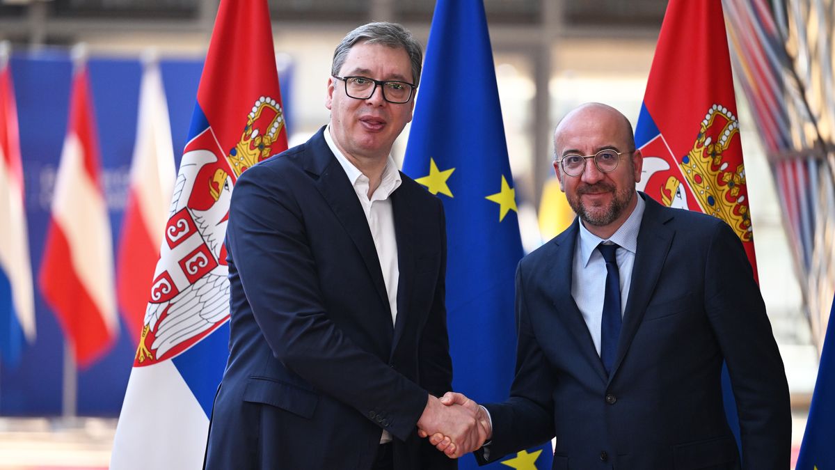 BRUSSELS, BELGIUM - JUNE 26: European Council President Charles Michel (R) meets with Serbian President Aleksandar Vucic (L) in Brussels, Belgium on June 26, 2024. (Photo by Dursun Aydemir/Anadolu via Getty Images)