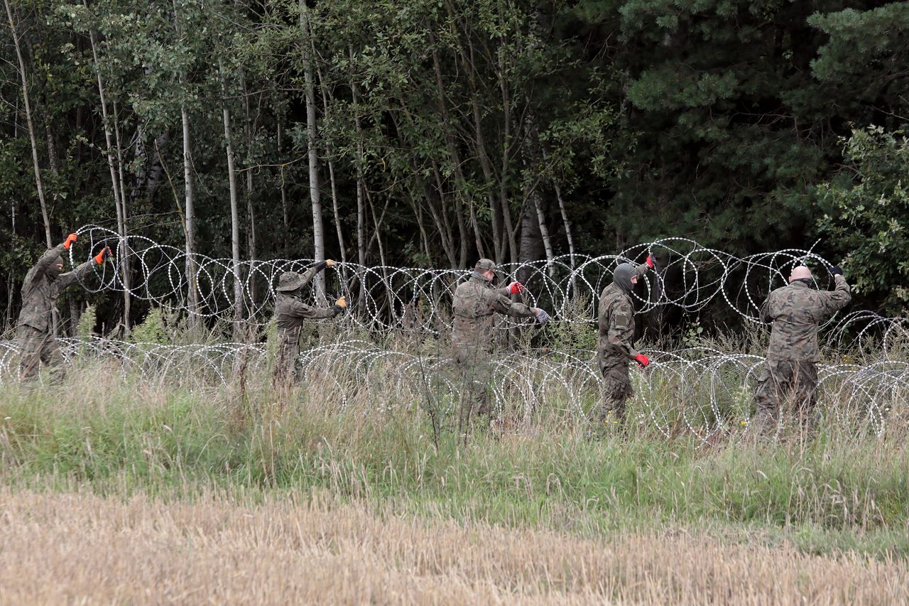 
Polskie służby ustawiające tymczasowe ogrodzenie na granicy z Białorusią 