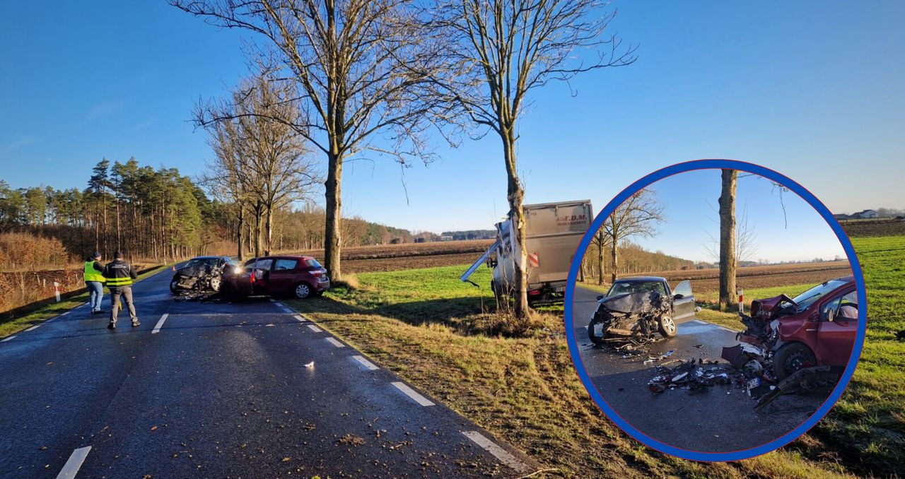 Czołowe zderzenie pod Zakrzewem. Dwie osoby w szpitalu