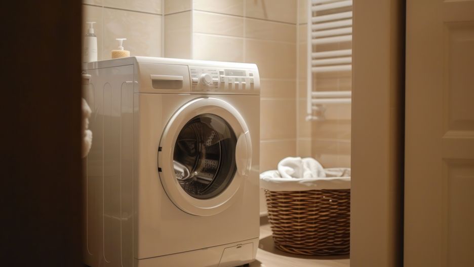 bathroom, washing machine, laundry basket, cleanliness, household, appliance, home, domestic, chore, hygiene, white, utility, interior, convenience, laundry room, housekeeping, organized, daily life, routine, modern, contemporary, domestic life, tidy, neat, efficiency, household equipment, utility room, housework, cleaning, machine, dryer, clothes, door