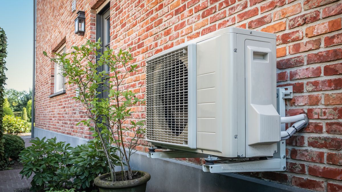 air conditioning, air heat pump, unit, outdoor, air conditioner, energy, renewable, wall, inverter, cooler, hanging, heater, system, home, heat pump, brick, garden, energy efficient, outdoors, cool, temperature, climate, architecture, house, building, outside, ac, ventilation, facade, air, traditional, exterior, new, industrial, metal, stone, power, design, view, background, summer, technology, machine, industry, cooling, electric, full inverter