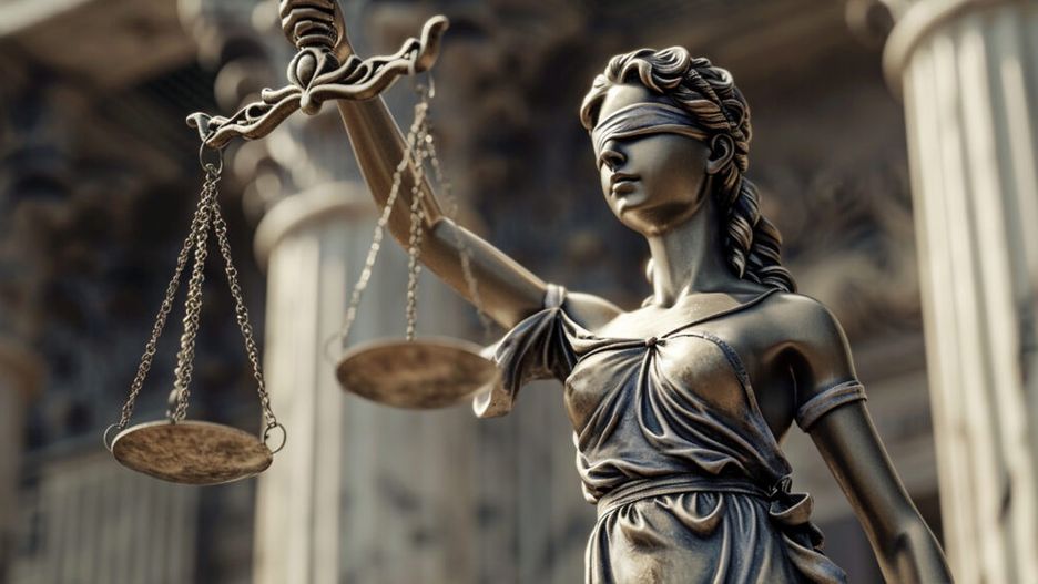 Figurka Temidy z zawiązanymi oczami, trzymająca w jednej ręce wagę, w tle klasyczne kolumny budynku.