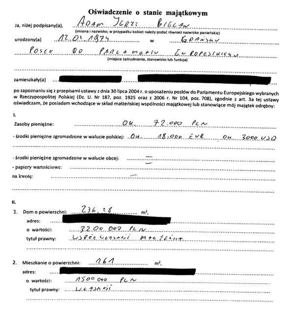 Fragment oświadczenia majątkowego Adama Bielana z tego roku