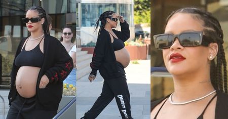 Wyluzowana Rihanna pręży okazały ciążowy brzuch w kusym topie, kompletując wyprawkę dla malucha (ZDJĘCIA)