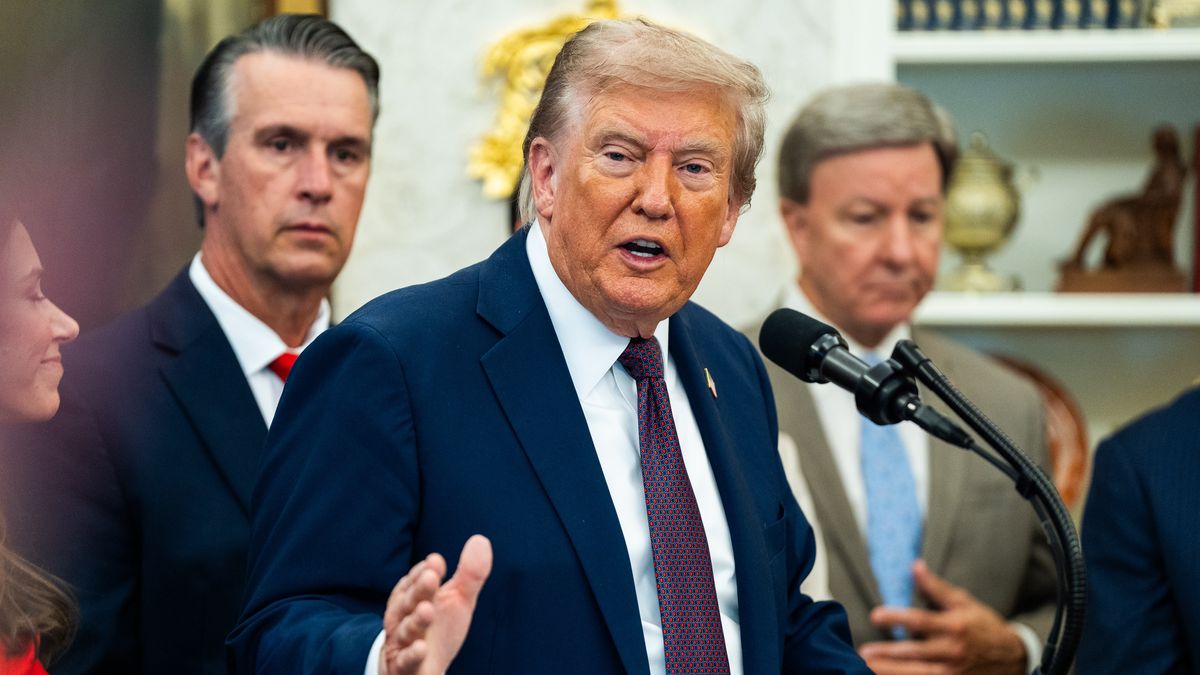 WASHINGTON, DC  September 2: US President Donald Trump speaks to the press during an announcement of the moving of Space Command headquarters from Colorado to Alabama in the Oval Office of the White House on Tuesday September 2, 2025. (Photo by Demetrius Freeman/The Washington Post via Getty Images)