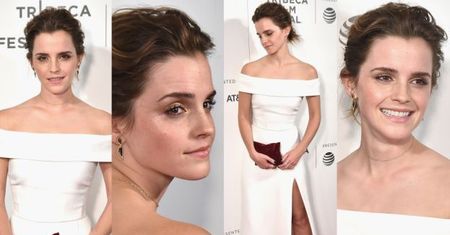 Emma Watson w białej sukni na czerwonym dywanie