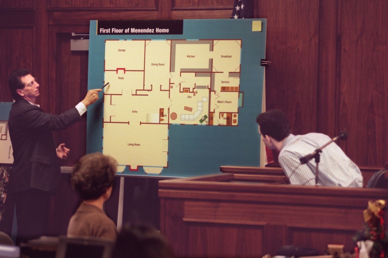 SF.Mend#2.1211.BYVan NuysDefense attorney Barry Levin (cq) (at left) points to diagram which shows the study on the first floor of the Menendez' Beverly Hills home as defendant Erik Menendez (cq) watches. Erik said his father always used the study for "serious" conversations . During trial of Menendez brothers in Van Nuys Superior Court. Boris Yaro/LAT.Pool PHoto.