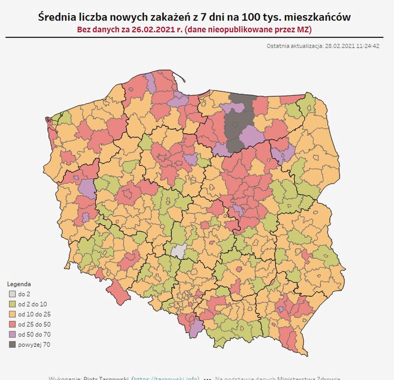 Trzecia fala epidemii. Powiat wieluński zaznaczony na mapie kolorem białym ma najniższy w Polsce wskaźnik nowych infekcji 