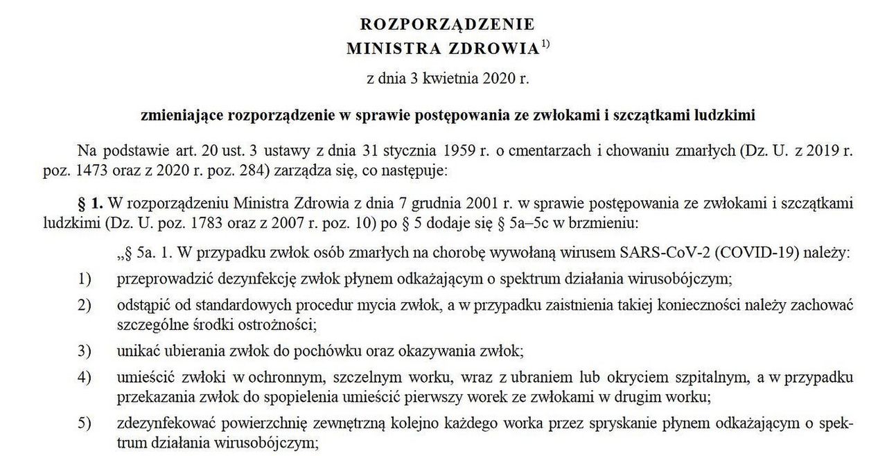 Rozporządzenie w sprawie pochówków ofiar epidemii koronawirusa