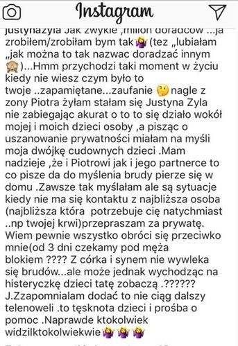 Zrzut ekranu usuniętego wpisu Justyny Żyły na Instagramie