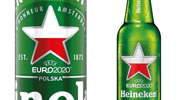 Flagi 24 państw na opakowaniach Heinekena z okazji Euro 2020