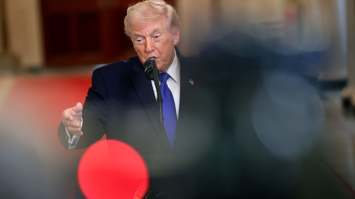 WASHINGTON, DC - FEBRUARY 23:  U.S. President Donald Trump speaks during an Angel Families remembrance ceremony held in the East Room at the White House February 23, 2026 in Washington, DC. The term “Angel Families” is used to describe people who have lost a relative to a crime committed by an undocumented immigrant. (Photo by Win McNamee/Getty Images)