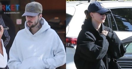 Zdystansowany Justin Bieber w kapciach i opuszczonych szortach mknie na śniadanie z Hailey Bieber