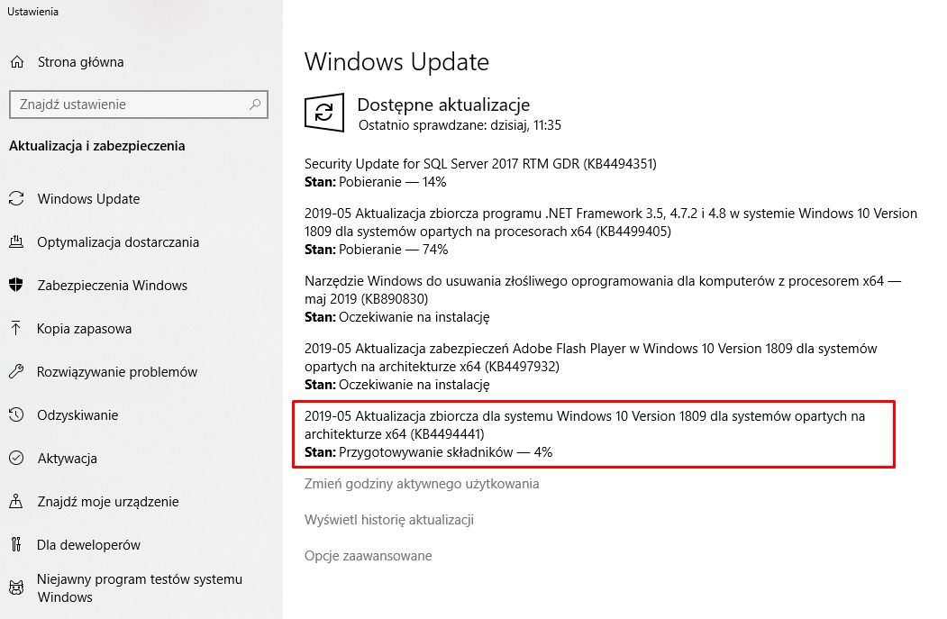 KB4494441 wśród innych aktualizacji w Windows Update.