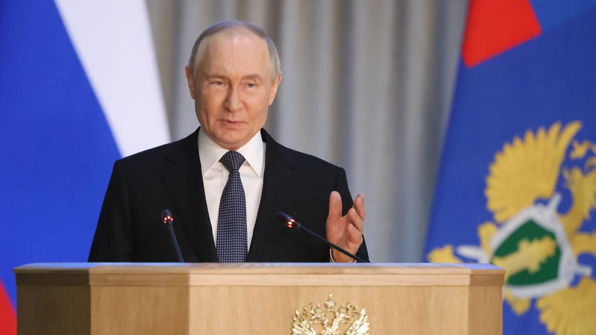 MOSCOW, RUSSIA - MARCH 19 (RUSSIA OUT) Russian President Vladimir Putin gestures during the Board of the Prosecutor-General Main Office, March 19, 2025, in Moscow, Russia. Putin visited an annual meeting with prosecutors. (Photo by Contributor/Getty Images)