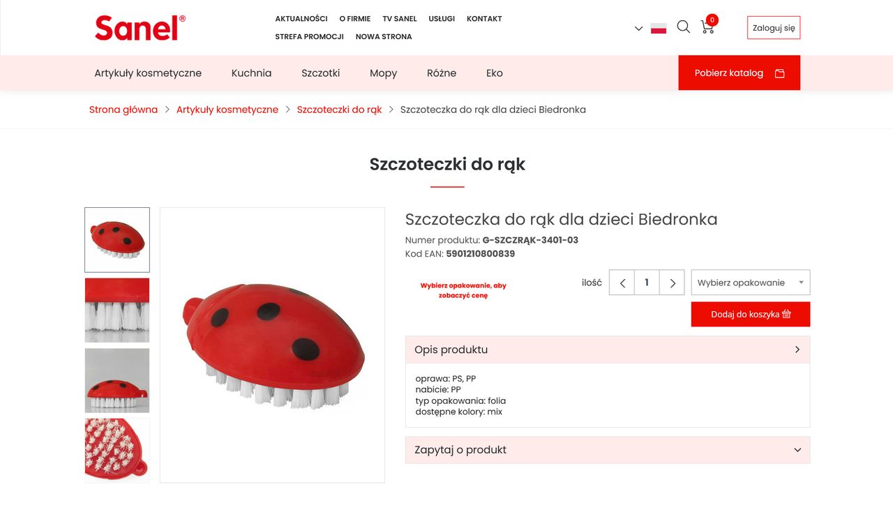 Zrzut ekranu strony internetowej krakowskiej firmy Sanel, która produkuje szczoteczki do rąk dla dzieci w kształcie biedronki 