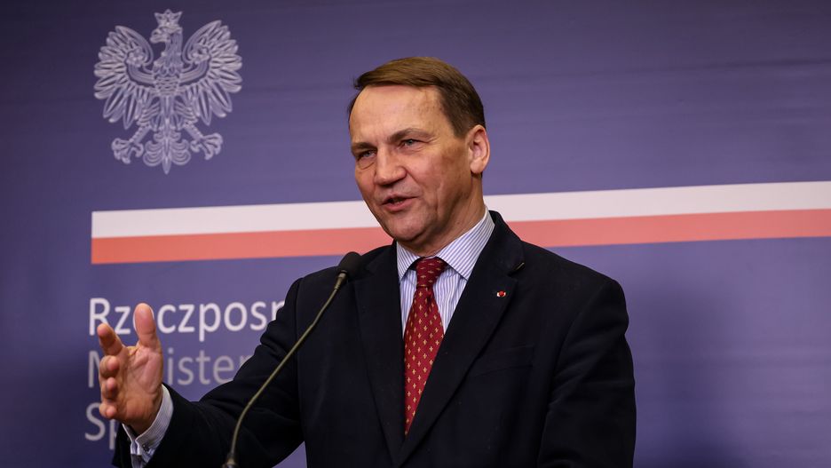 WARSAW, MAZOWIECKIE, POLAND - 2024/02/05: Minister of Foreign Affairs of Poland, Radoslaw Sikorski speaks during a bilateral press conference with High Representative of the European Union for Foreign Affairs and Security Policy in the Ministry of Foreign Affairs in Warsaw. Radoslaw Sikorski and Josep Borrell meet to discuss foreign and security policy priorities, from Ukraine to the Middle East. (Photo by Dominika Zarzycka/SOPA Images/LightRocket via Getty Images)