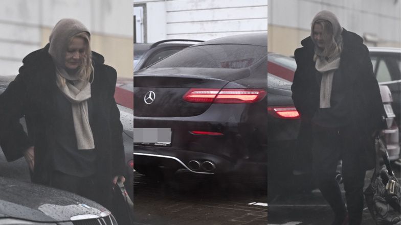 Grażyna Szapołowska mknie w strugach deszczu na trening do "TzG"