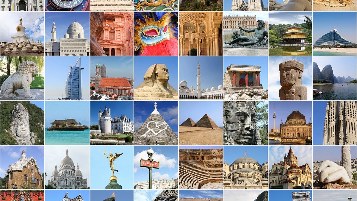 Kolaż fotografii znanych miejsc z depositphotos