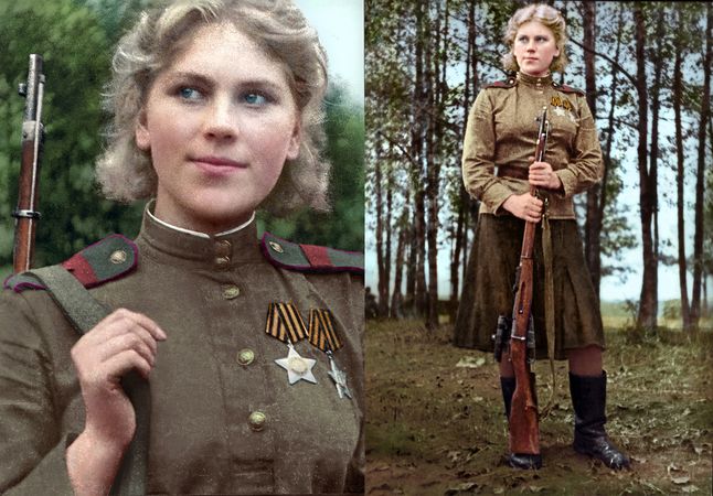 Tuż po obronie pracy magisterskiej z historii została ochotniczką w walce z niemieckim najeźdzcą. Dzięki licznym medalom z zawodów strzeleckich przekonała urzędników do tego, by ci skierowali ją do oddziałów frontowych. W ten sposób Pawliczenko trafiła do 25. Dywizji Strzeleckiej.