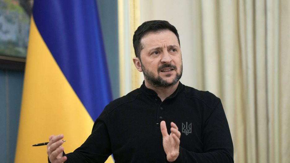 Volodymyr Zelenskiy, Ukraine's president, speaks at a news conference in Kyiv, Ukraine, on Friday, March 28, 2025. Zelenskiy said he expects European allies to share more military intelligence and ramp up joint air defense and artillery production. Photographer: Andrew Kravchenko/Bloomberg via Getty Images