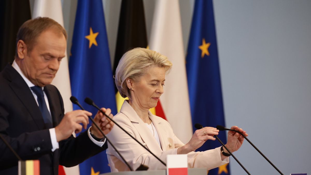 Prime Minister of Poland Donald Tusk and President of the European Commission Ursula von der Leyen during press conference after their meeting in Warsaw, Poland on February 23, 2024. (Photo by Jakub Porzycki/NurPhoto via Getty Images)