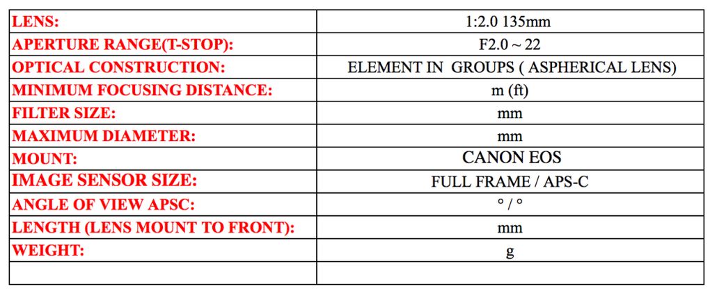 Samyang 135mm f/2 - specyfikacja