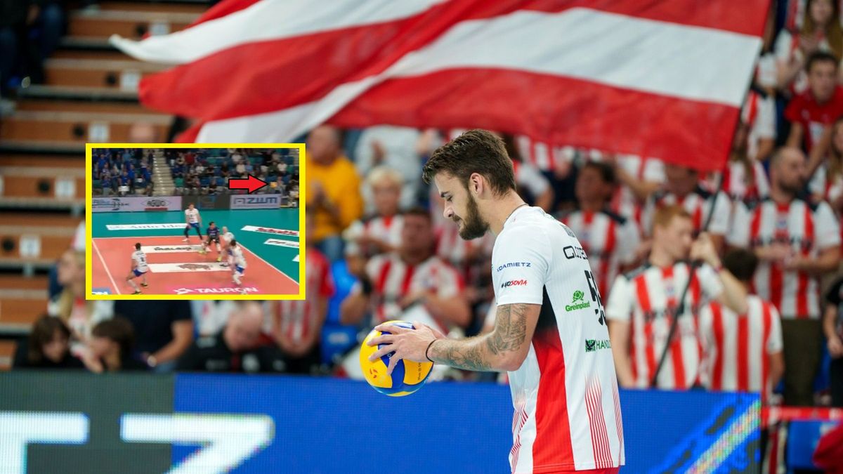 Materiały prasowe / PlusLiga/Artur Kijewski / Na zdjęciu: Torey Defalco i piłka po jego zagrywce (Twitter/Polsat Sport)