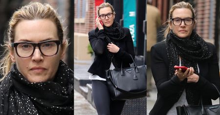 Naturalna Kate Winslet z drogą torbą w zgięciu łokcia