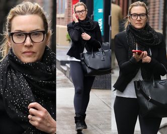 Naturalna Kate Winslet z drogą torbą w zgięciu łokcia