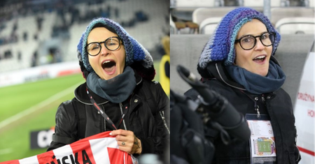 Zadowolona Chylińska "ubrana na cebulkę" kibicuje Cracovii (FOTO)