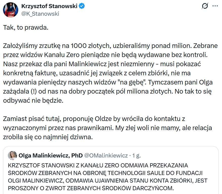 Stanowski odmawia przekazania pieniędzy ze zbiórki. 