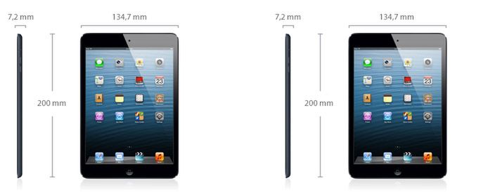 Prezentacja wymiarów Apple iPad Mini w kolorze białym i czarnym