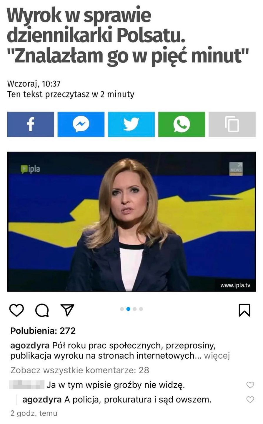 Agnieszka Gozdyra odpowiada na komentarz po wyroku ws. hejterskiego wpisu