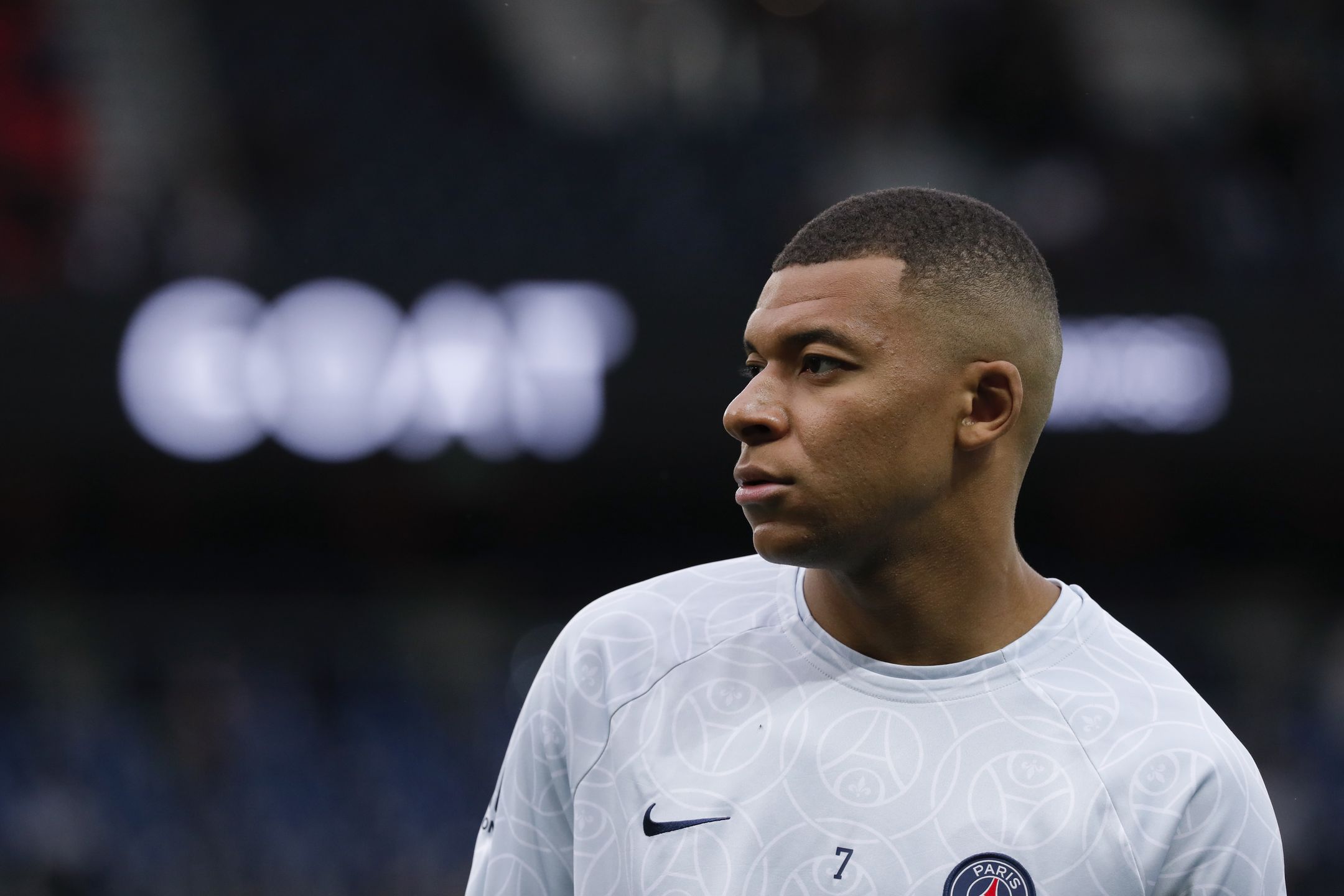 PARIS, FRANCE - MAY 13: Kylian Mbappe #7 of Paris Saint-Germain warms up before the Ligue 1 match between Paris Saint-Germain and AC Ajaccio at Parc des Princes on May 13, 2023 in Paris, France. (Photo by Catherine Steenkeste/Getty Images)