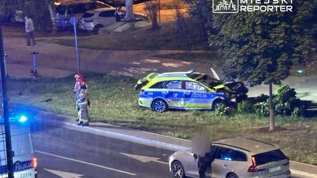 Policjant w mundurze stoi obok uszkodzonego radiowozu na trawie, a w tle widać zaparkowane samochody.
