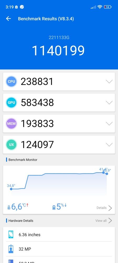 Szczytowe wyniki dla Xiaomi 13 w benchmarkach Antutu 8 i 9 oraz teście pamieci wbudowanej.