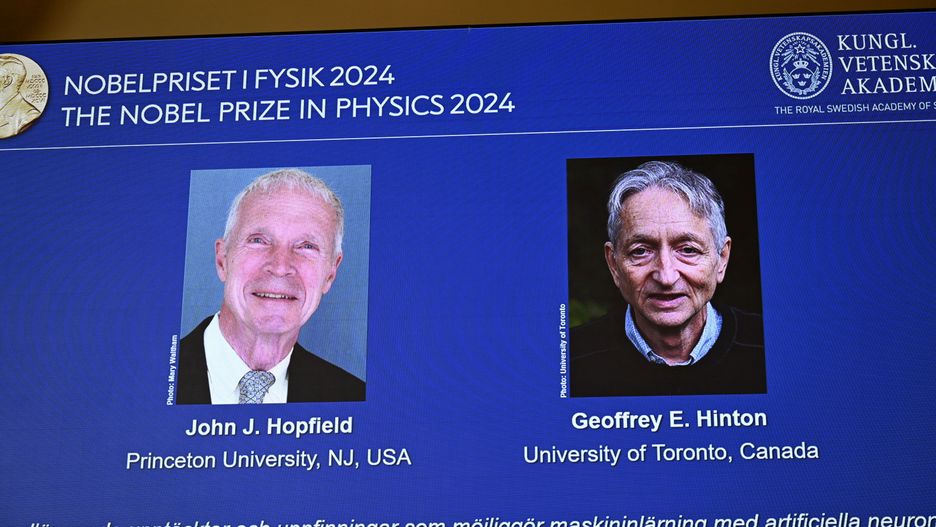 A screen shows the pictures of the 2024 Nobel Prize laureates in Physics, during a press conference in Stockholm, Sweden, 08 October 2024. The Royal Swedish Academy of Sciences has decided to award the Nobel Prize in Physics 2024 to John J. Hopfield and Geoffrey E. Hinton 'for foundational discoveries and inventions that enable machine learning with artificial neural networks', the Nobel statement reads. EPA/Christine Olsson/TT SWEDEN OUT Dostawca: PAP/EPA.