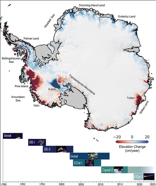 Zmiany w granicach Antarktydy w latach 1997-2021.