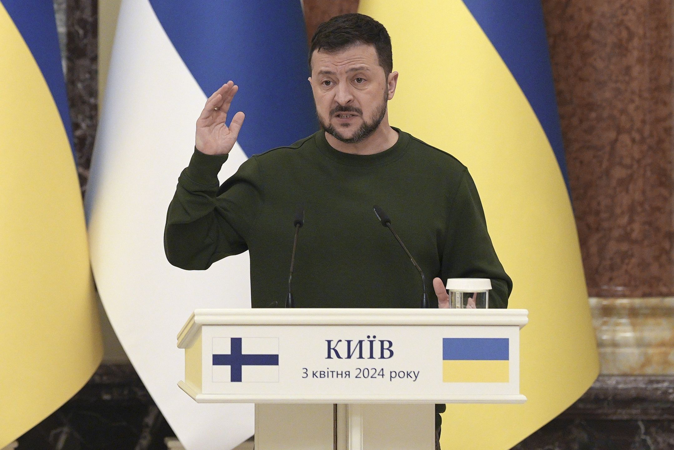 Volodymyr Zelenskiy, Ukraine's president, speaks during a news conference in Kyiv, Ukraine, on Wednesday, April 3, 2024. Finland and Ukraine signed a security cooperation agreement in which the Nordic country committed to providing military, political and financial support for 10 years. Photographer: Andrew Kravchenko/Bloomberg via Getty Images
