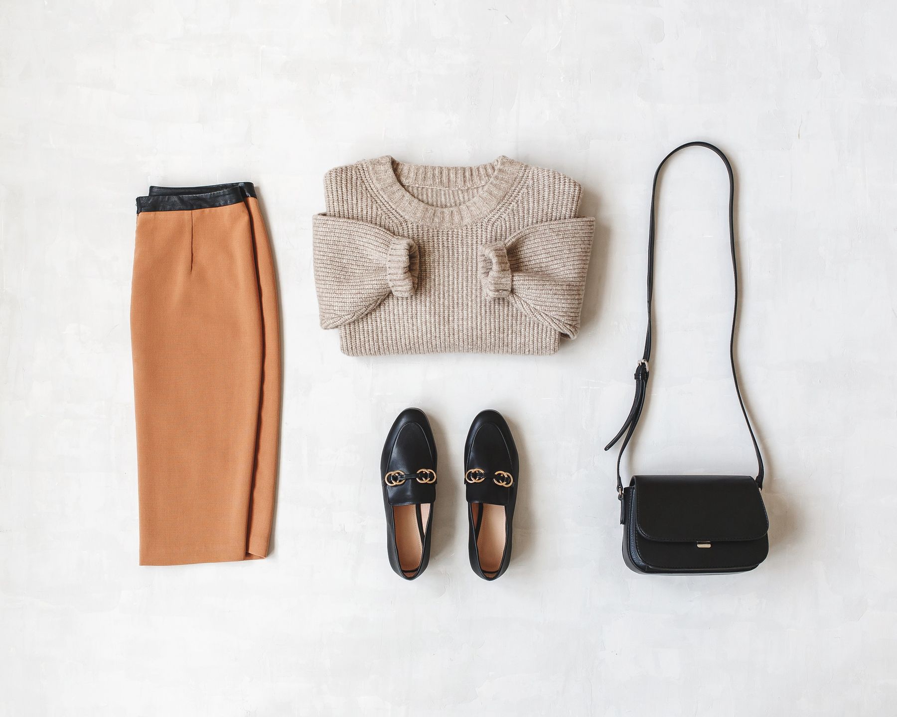 outfit, women, skirt, sweater, bag, loafers, flat shoes, flat lay, woman, style, clothes, top view, autumn, fall, winter, spring, fashion, accessories, accessory, background, basic, beige, black, casual, clothing, cold season, collection, color, cross body bag, female, feminine, floor, girl, lady, laying, leather, lifestyle, look, midi skirt, modern, overhead, shoes, simple, stylish, trend, trendy, urban, white, womens, young