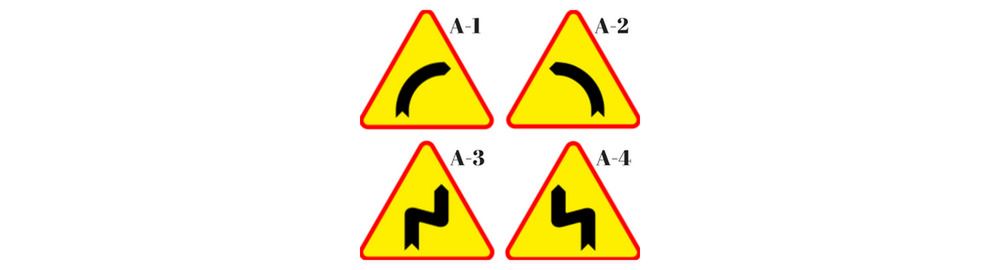 Niebezpieczny zakręt w prawo (A-1); Niebezpieczny zakręt w lewo (A-2); Niebezpieczne zakręty, pierwszy w prawo (A-3); Niebezpieczne zakręty, pierwszy w lewo (A-4).