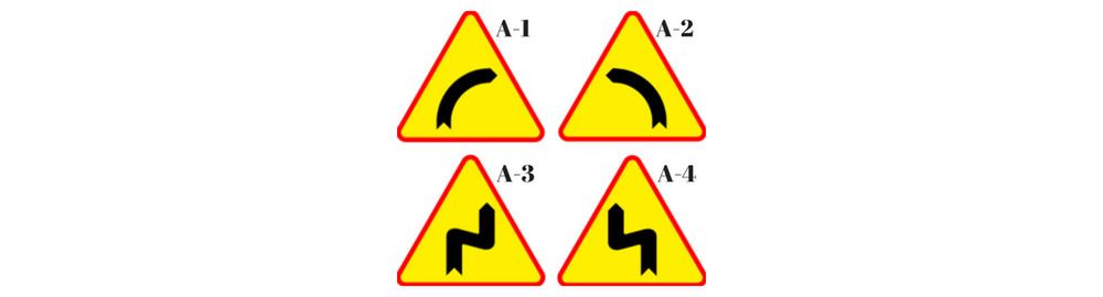 Niebezpieczny zakręt w prawo (A-1); Niebezpieczny zakręt w lewo (A-2); Niebezpieczne zakręty, pierwszy w prawo (A-3); Niebezpieczne zakręty, pierwszy w lewo (A-4).