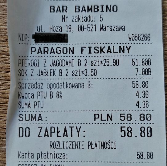 Rachunek z Baru Mlecznego "Bambino"