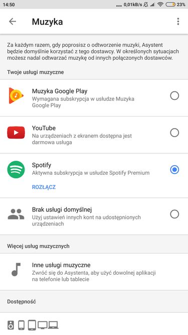 ustawienia Asystenta – powiązania z aplikacjami muzycznymi