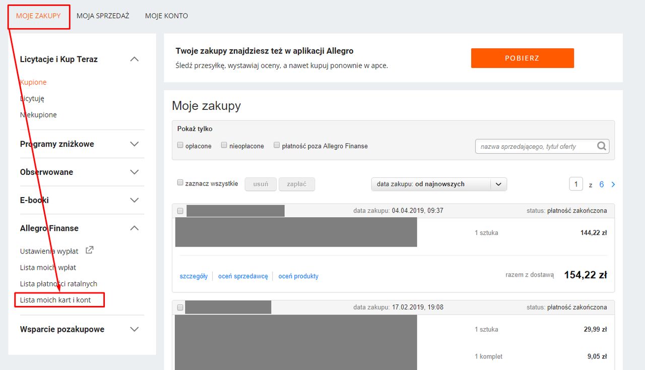 Krok 2: przejście do panelu "MOJE ZAKUPY" oraz opcji w ramach "Allegro Finanse".