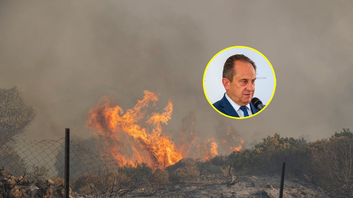 Na dużym zdjęciu: pożar na Rodos, w kółeczku: Andrzej Gut-Mostowy