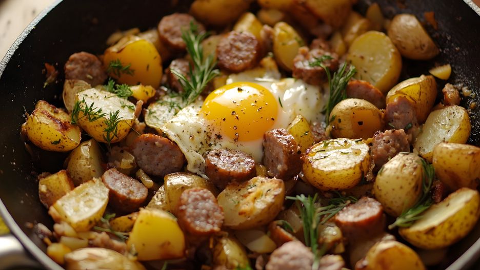Hearty skillet breakfast featuring potatoes, sausage, and a sunny-side-up egg
A close-up captures a skillet-cooked breakfast featuring golden potatoes, slices of savory sausage, and a perfectly fried egg with a bright yellow yolk. Fresh rosemary sprigs add a fragrant touch to this hearty and delicious meal, showcasing the culinary artistry and wholesome appeal of the homemade dish.
breakfast, potatoes, sausage, egg, skillet, meal, dish, food, rosemary, herbs, golden, fried, yolk, tasty, delicious, cuisine, culinary, frying, pan, lunch, brunch, supper, nutrition, wholesome, preparation, cooking, homemade, dinner, fried, gastronomy, gourmet, protein, recipe, cooked, culinaryart, culinarydelights, eat, fryingpan, maindish, roast, breakfast, potatoes, sausage, egg, skillet, meal, dish, food, rosemary, herbs, golden, fried, yolk, tasty, delicious, cuisine, culinary, frying, pan, lunch, brunch, supper, nutrition, wholesome, preparation, cooking, homemade, dinner, gastronomy, gourmet, protein, recipe, cooked, culinaryart, culinarydelights, eat, fryingpan, maindish, roast