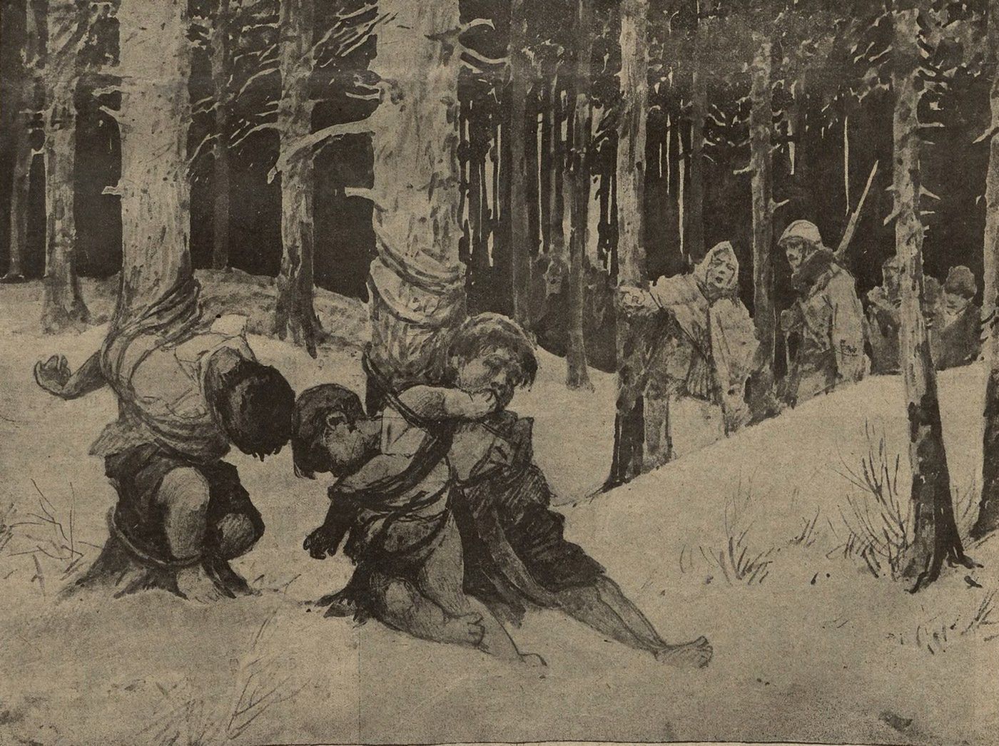 Dręczone dzieci. Ilustracja z przedwojennego czasopisma &quot;Nowości Illustrowane&quot; (domena publiczna)